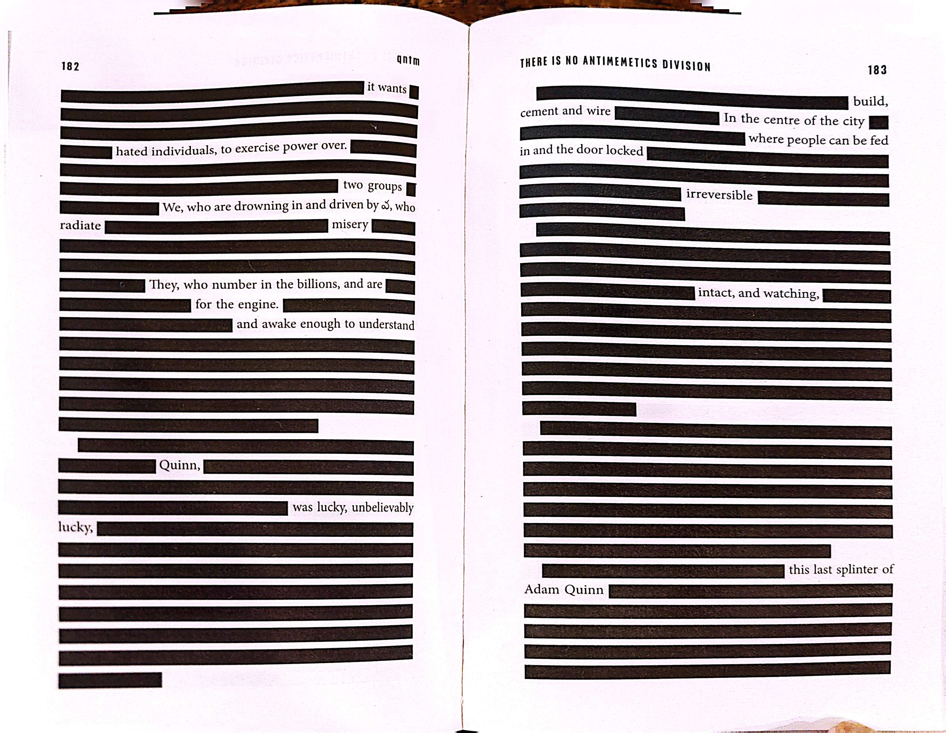 Two heavily redacted pages from There Is No Antimemetics Division